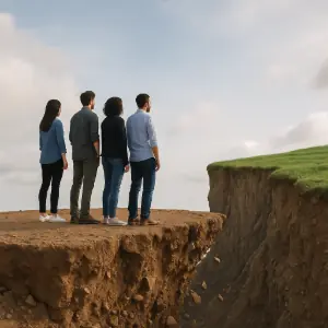 Team standing on crumbling platform